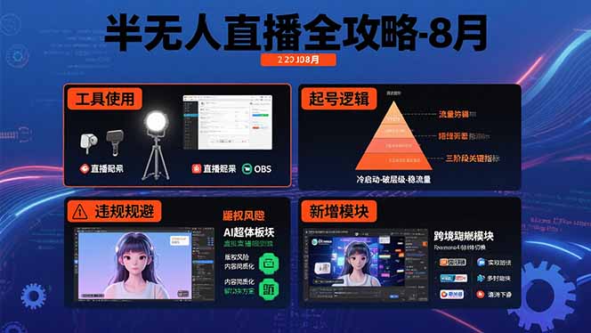 半无人直播全攻略-8月：工具使用+起号逻辑+违规规避,新增AI超体与跨境模块-聚星轻创-轻创终点站
