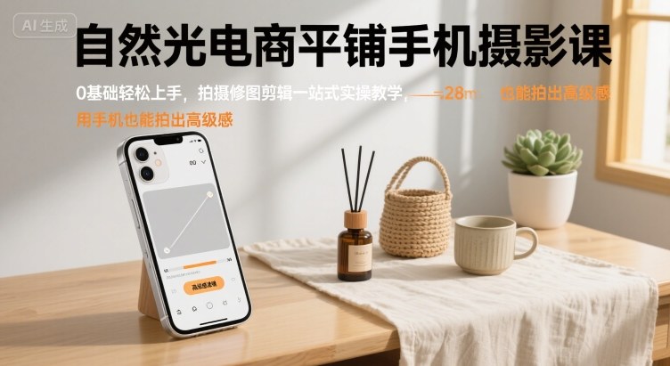 自然光电商平铺手机摄影课，0基础轻松上手，拍摄修图剪辑一站式实操教学，用手机也能拍出高级感-北辰工作室