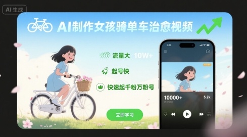 AI制作女孩骑单车治愈视频，流量大，起号快，快速起千粉万粉号-北辰工作室